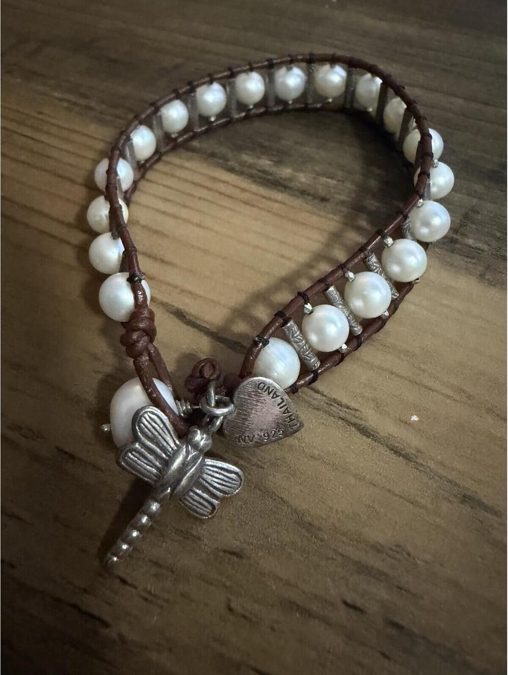 Fresh Water Pearls & Sterling Silver Dragonfly Charm Bracelet 7 1/2 Inches L.